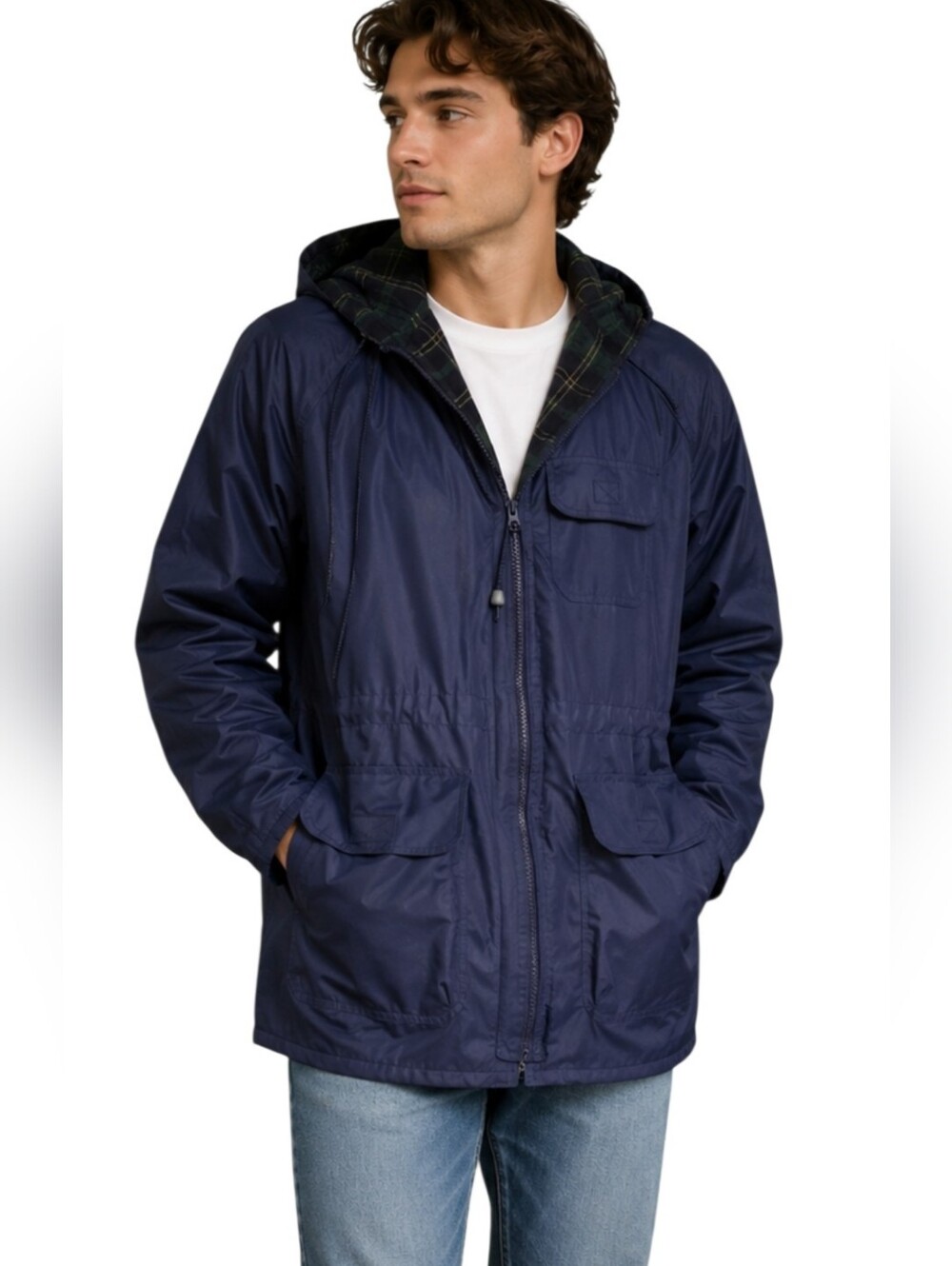 Totes Navy Hooded Rain Jacket Plaid Lined  Coat Size Small